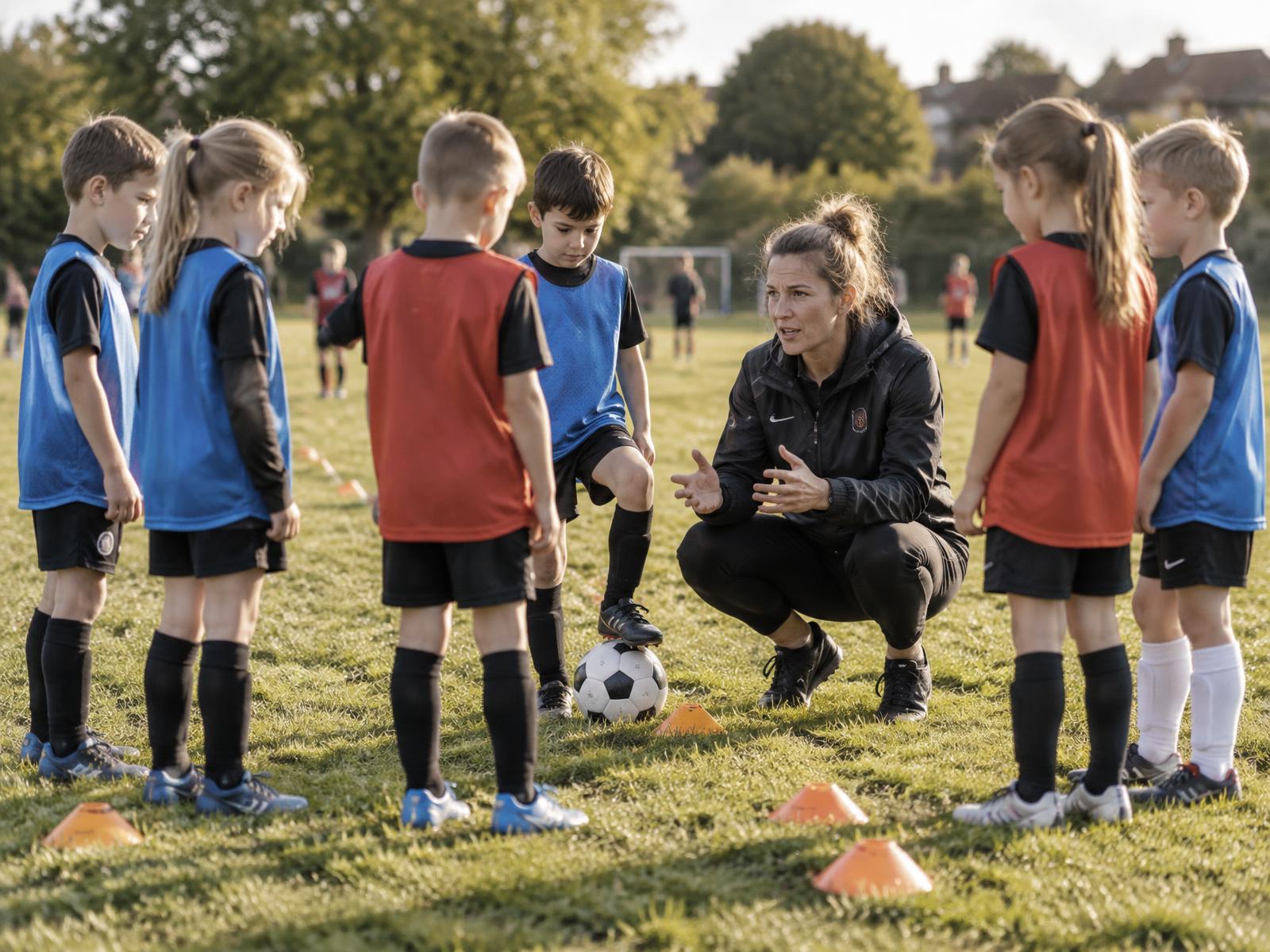 A football coach working with a group of children