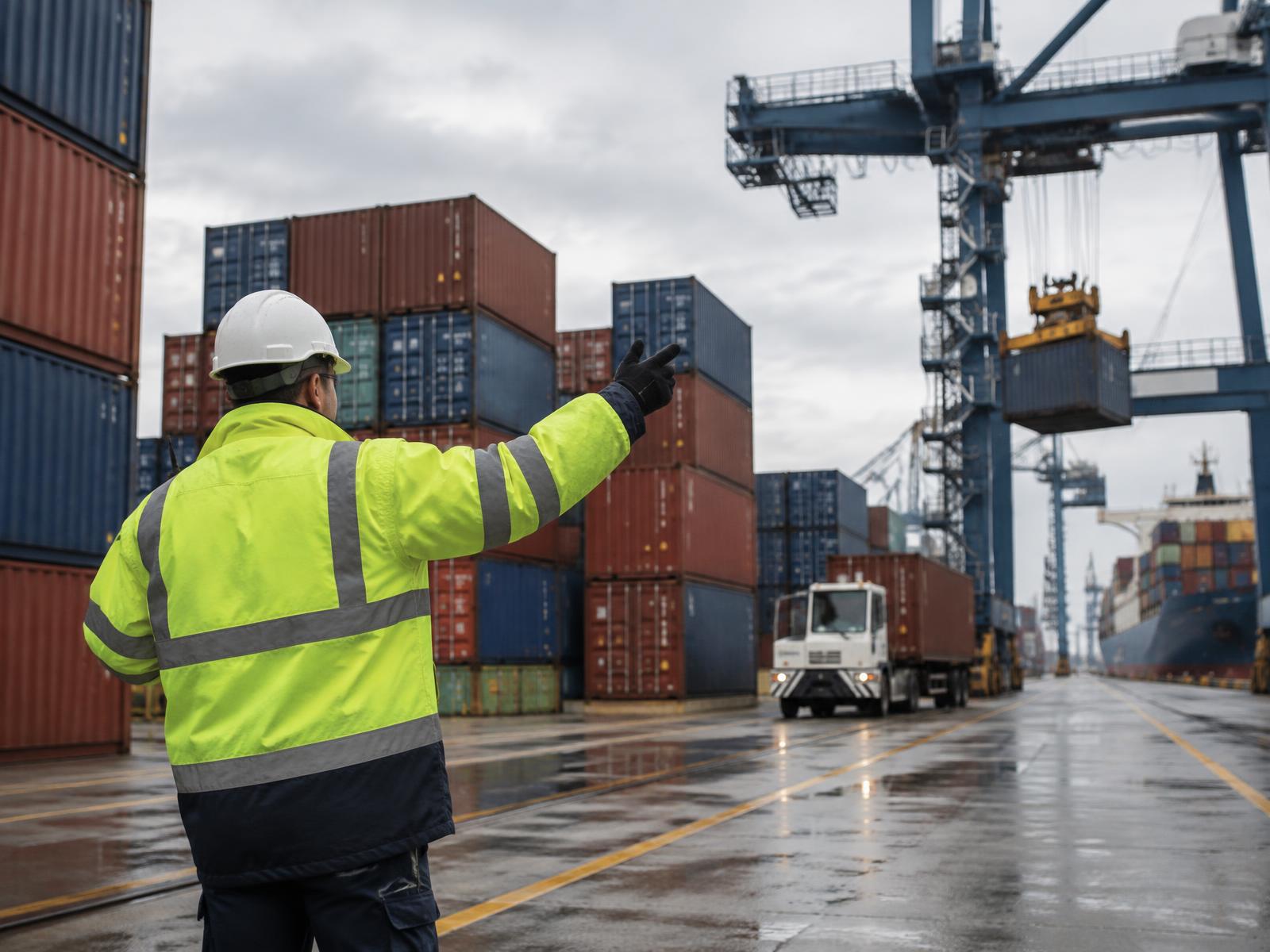 A port worker directing operations at a container terminal